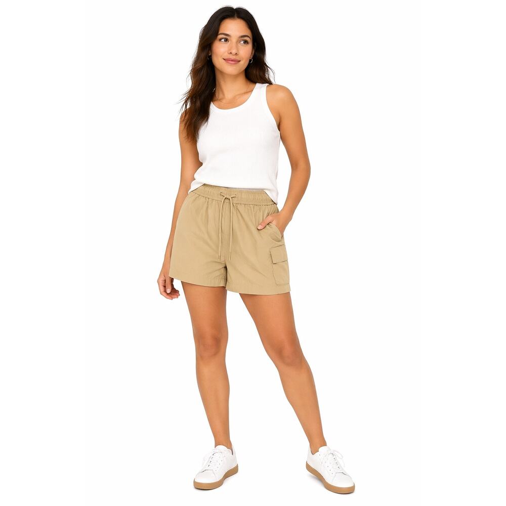 Lou & Grey Khaki Nylon Cargo Shorts Drawstring Pull-On Pockets Size Small Trail